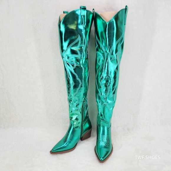 Country Disco Cowboy Metallic Green Western Cowgirl OTK Thigh Boots New - Picture 6 of 15